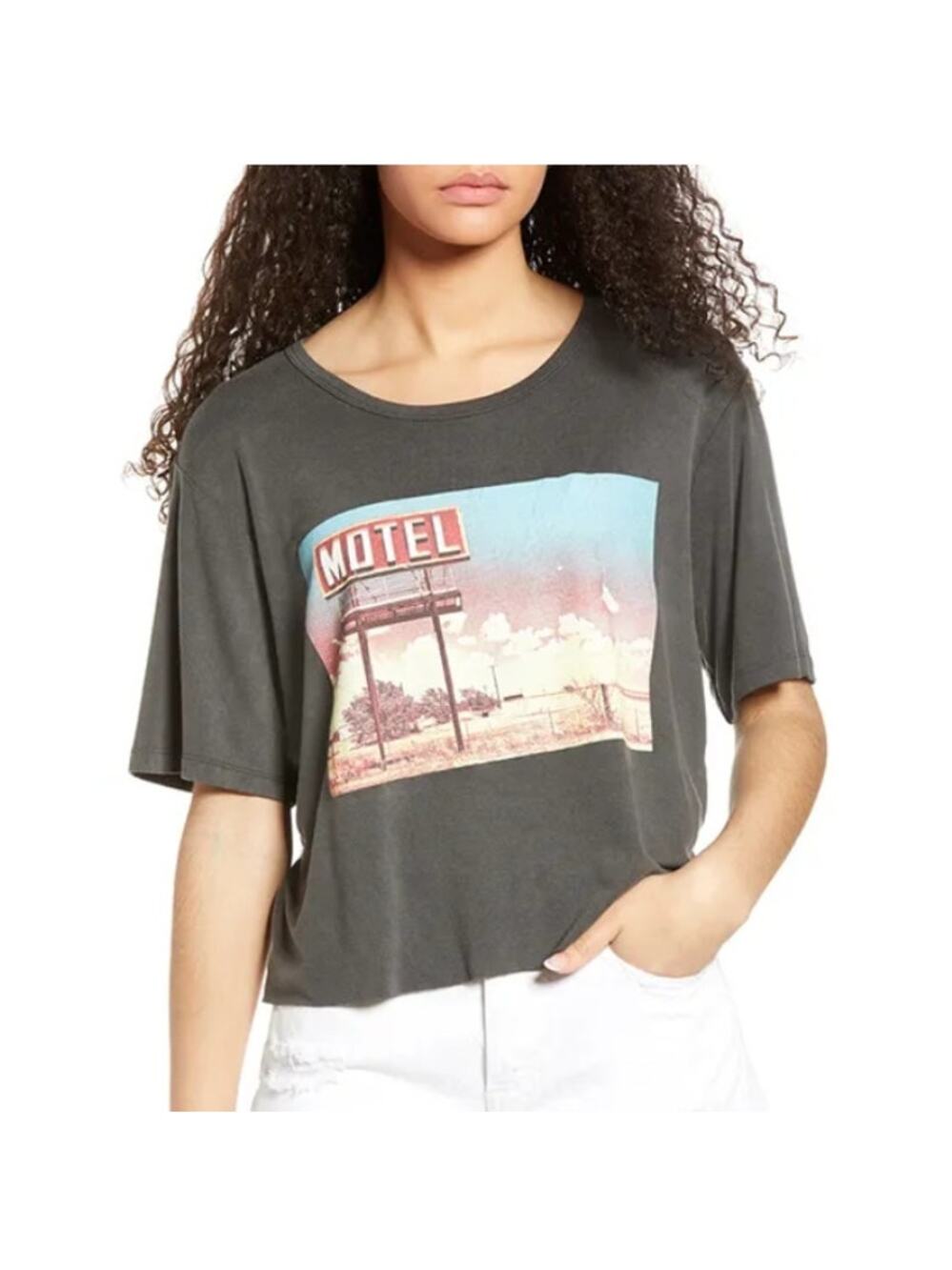 LA LA LAND CREATIVE CO Motel Graphic Crop Tee Raw Hem Scoop Neck Charcoal Size M